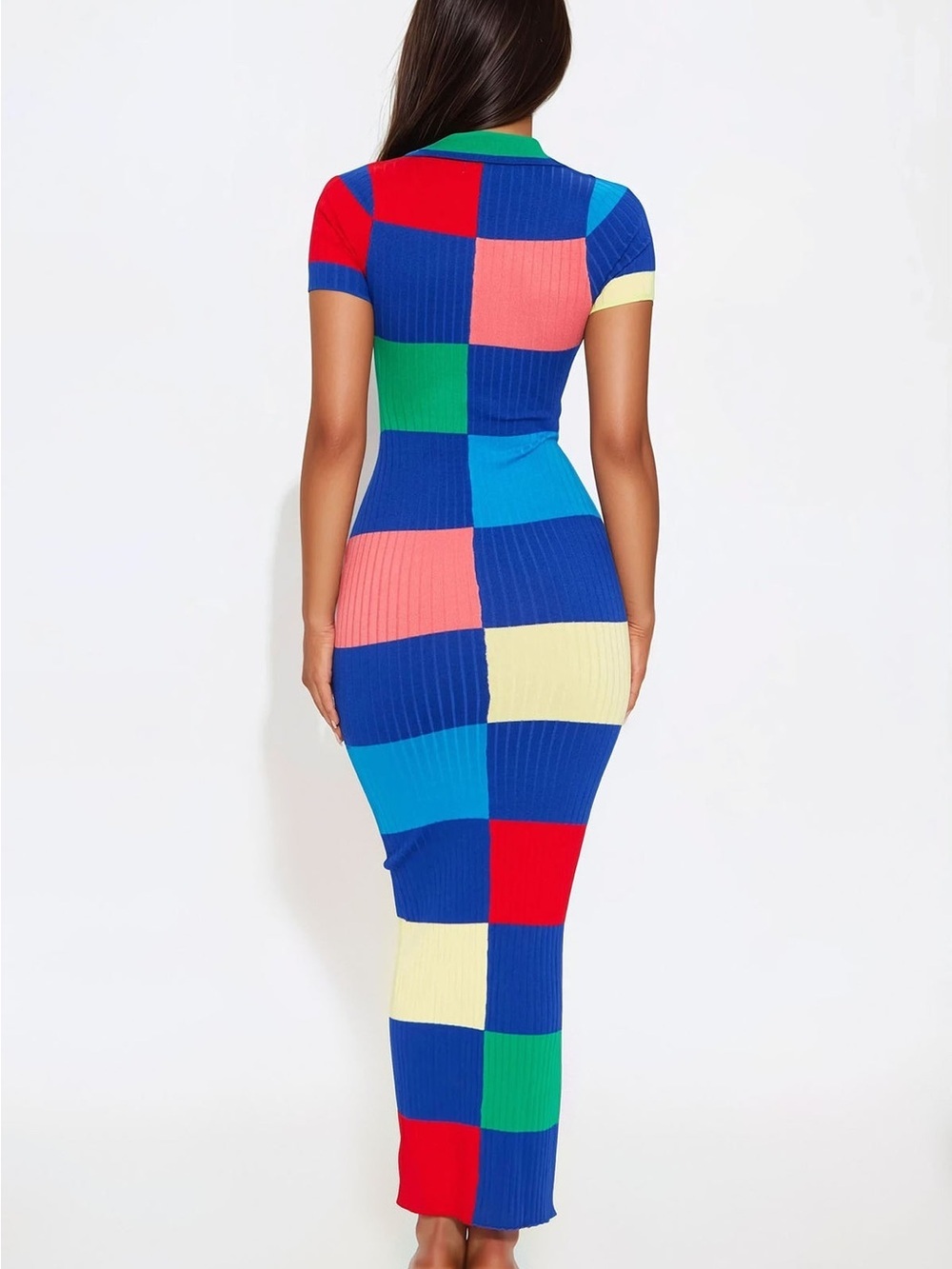 Multicolor Ribbed Zip-Front Colorblock Midi Dress NWT. LARGE - Picture 12 of 13